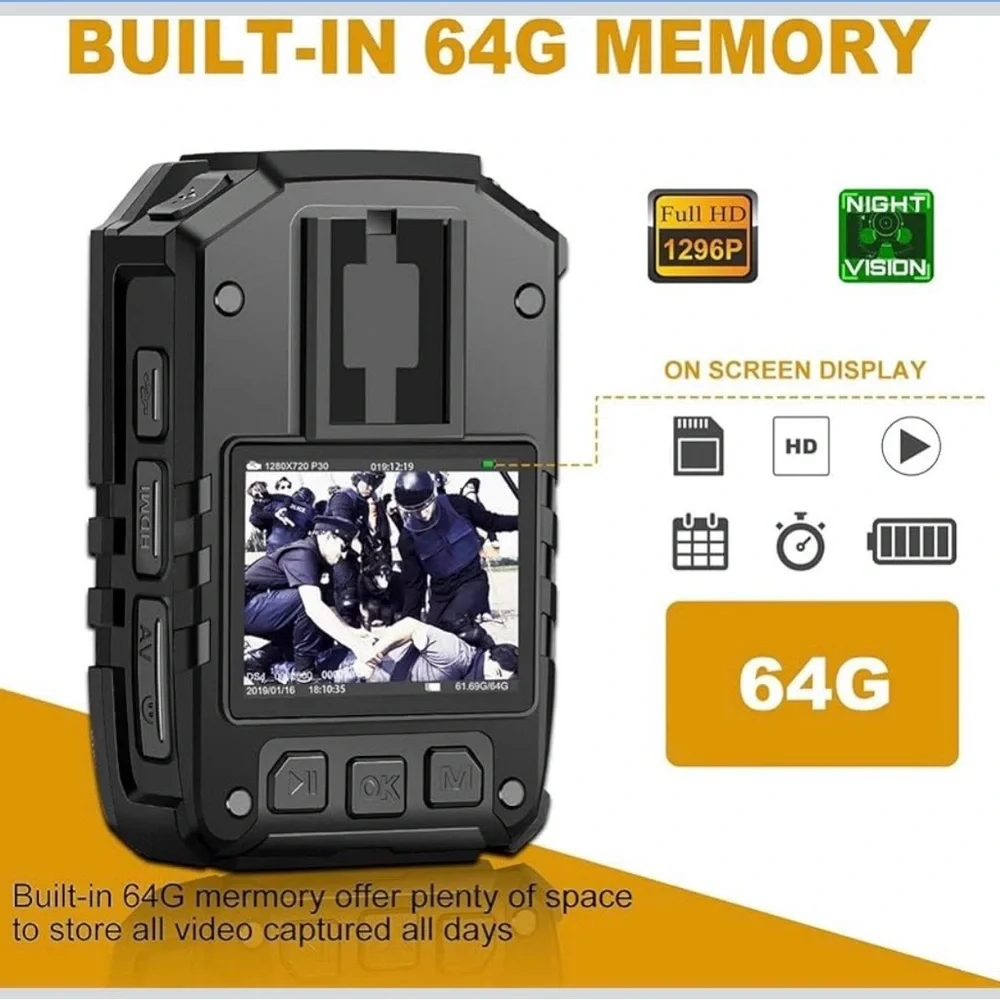 1296P HD Police Body Camera,64G Memory,CammPro I826 Premium Portable Body Camera